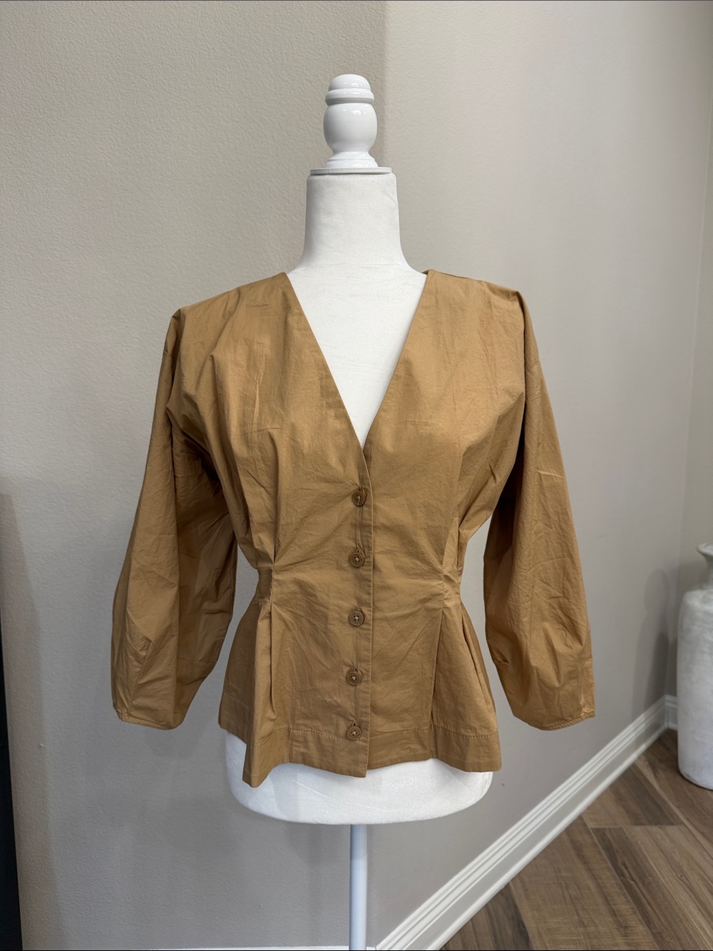 V-Neck Button-Front Peplum Blouse - Tan